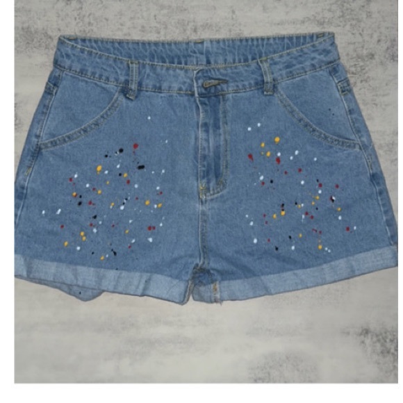 Shein Splash Ink Print Roll Up Hem Denim Shorts - Picture 6 of 8